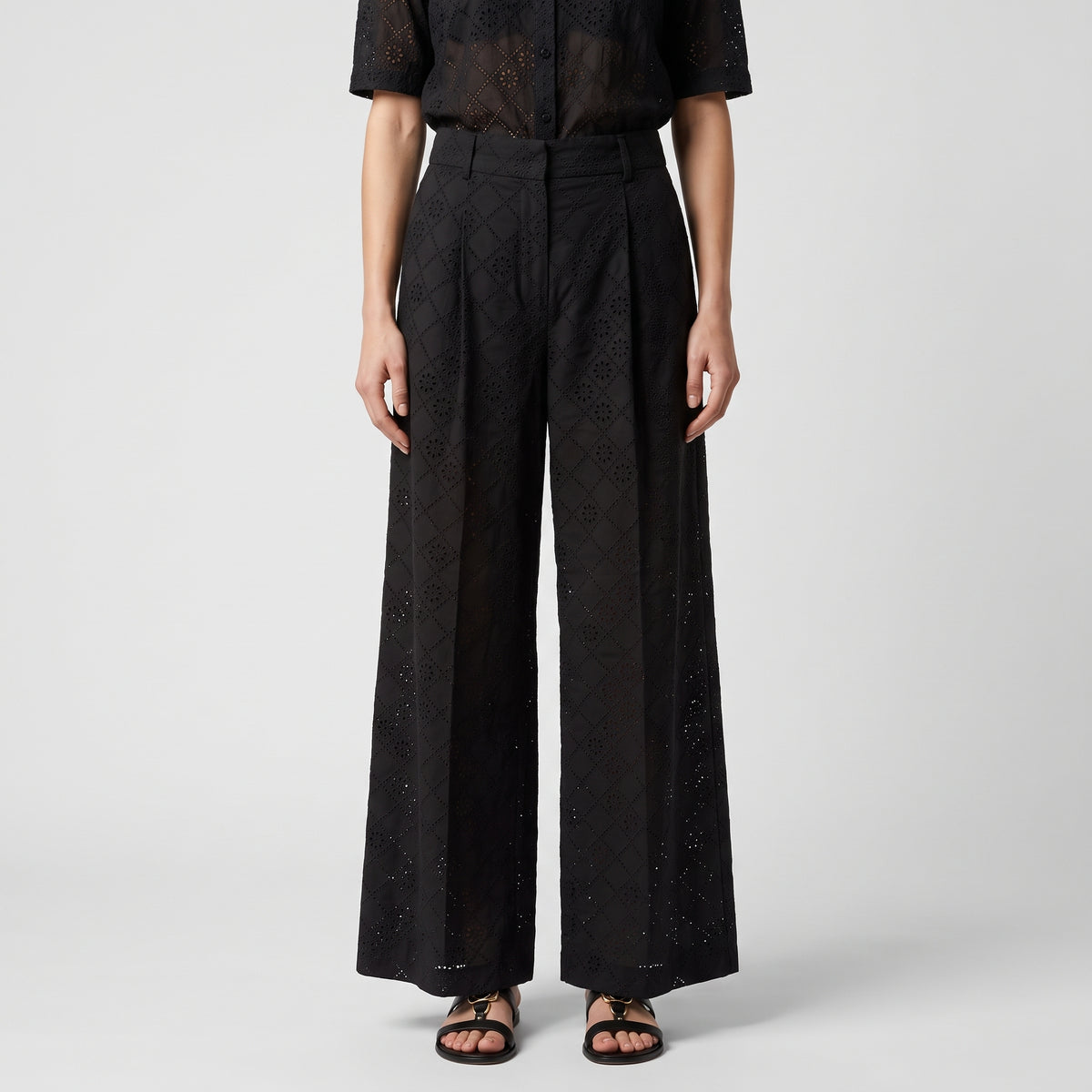 Black Eyelet Wide Leg Trousers