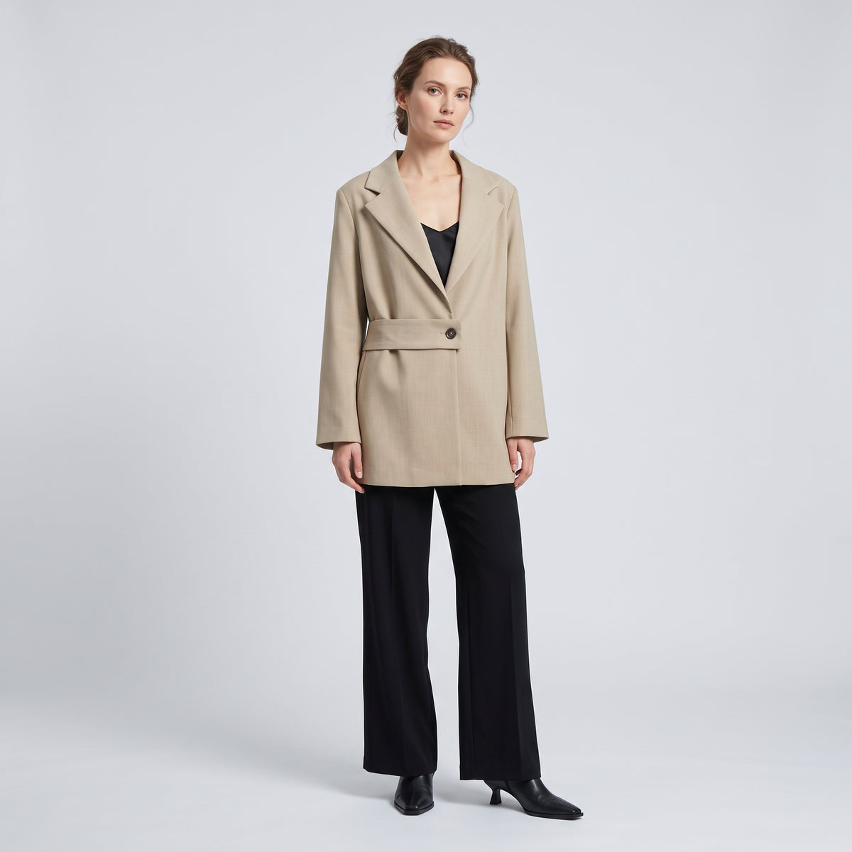 Asymmetric Belted Beige Blazer