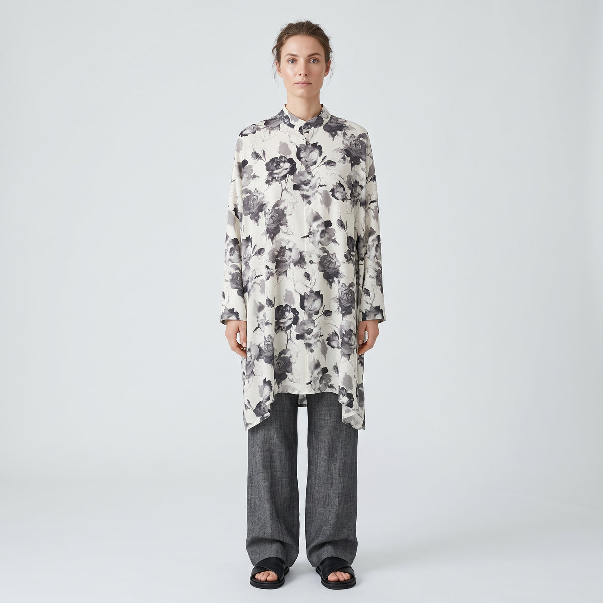 Floral Mandarin Collar Tunic Shirt