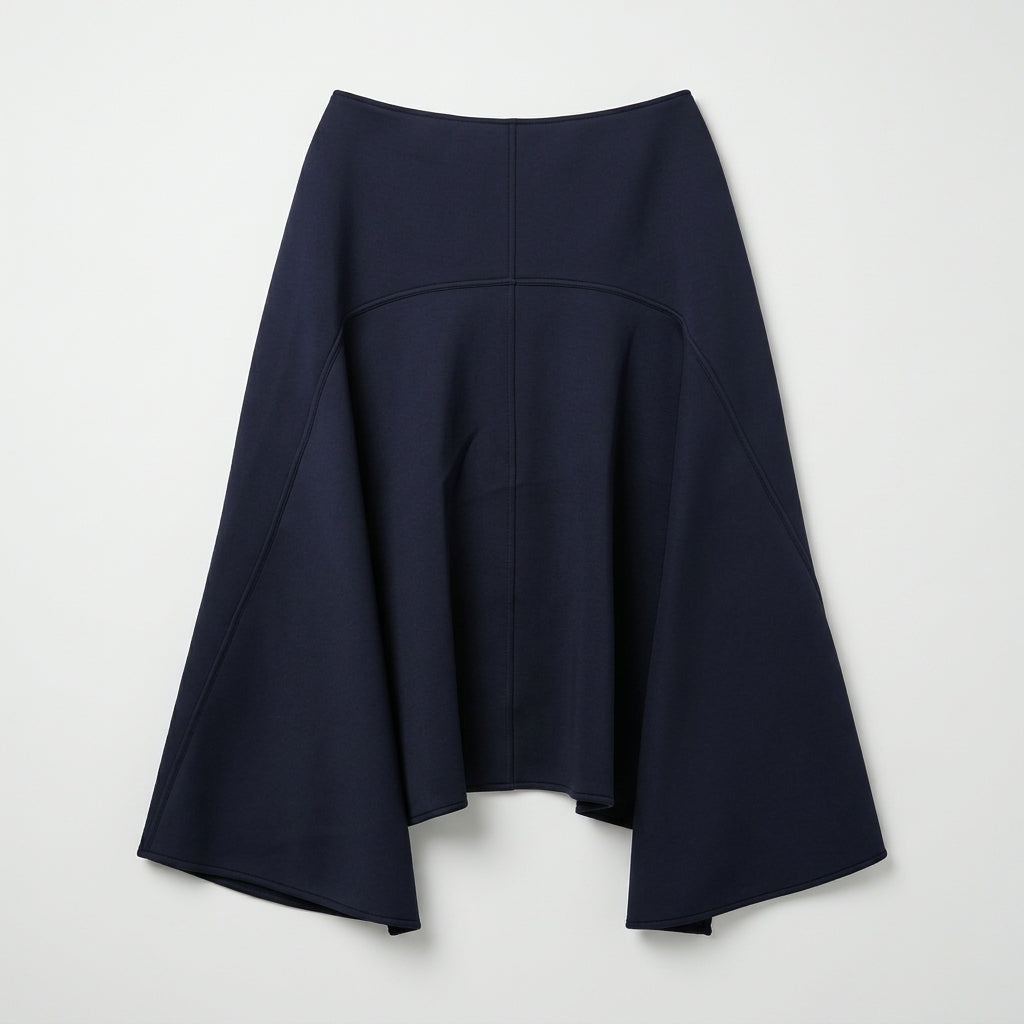 PLAN C Structured Navy Flared Midi Skirt