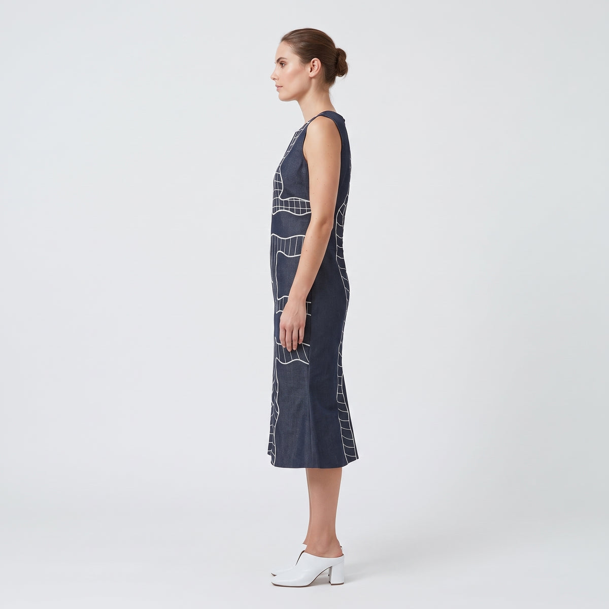 Navy Embroidered Abstract Fluted Dress