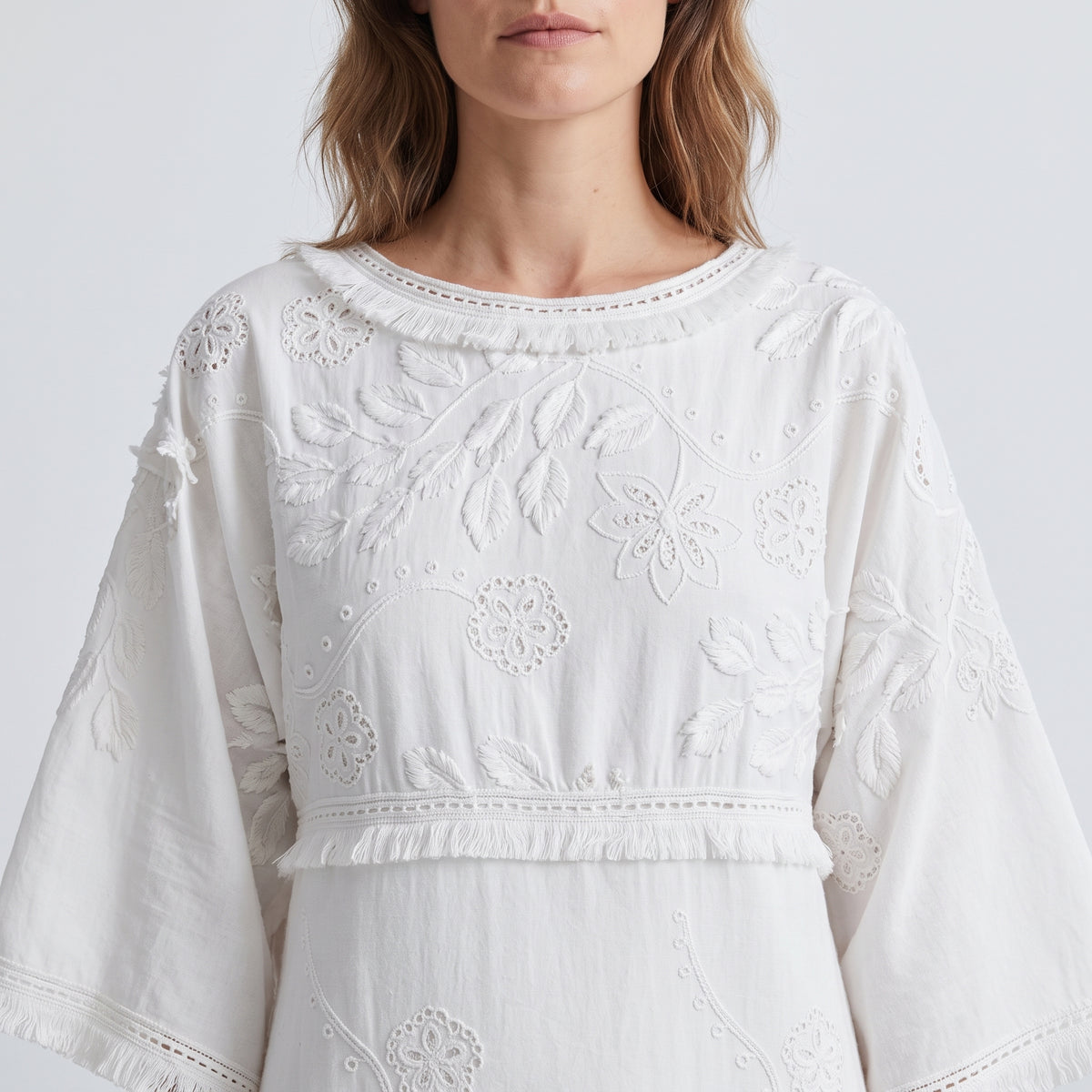 White Embroidered Fringe Midi Dress