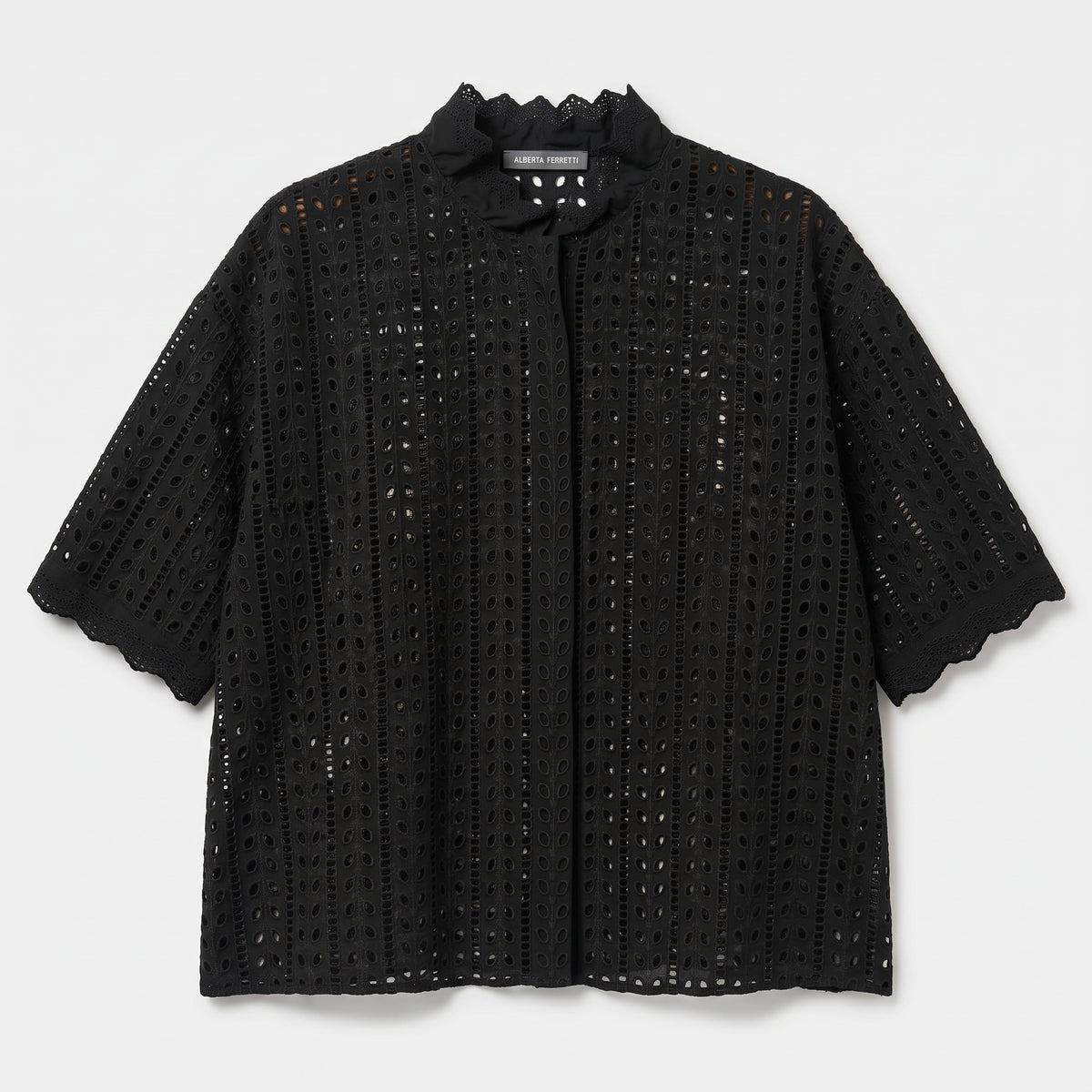 Black Eyelet Ruffle Collar Blouse