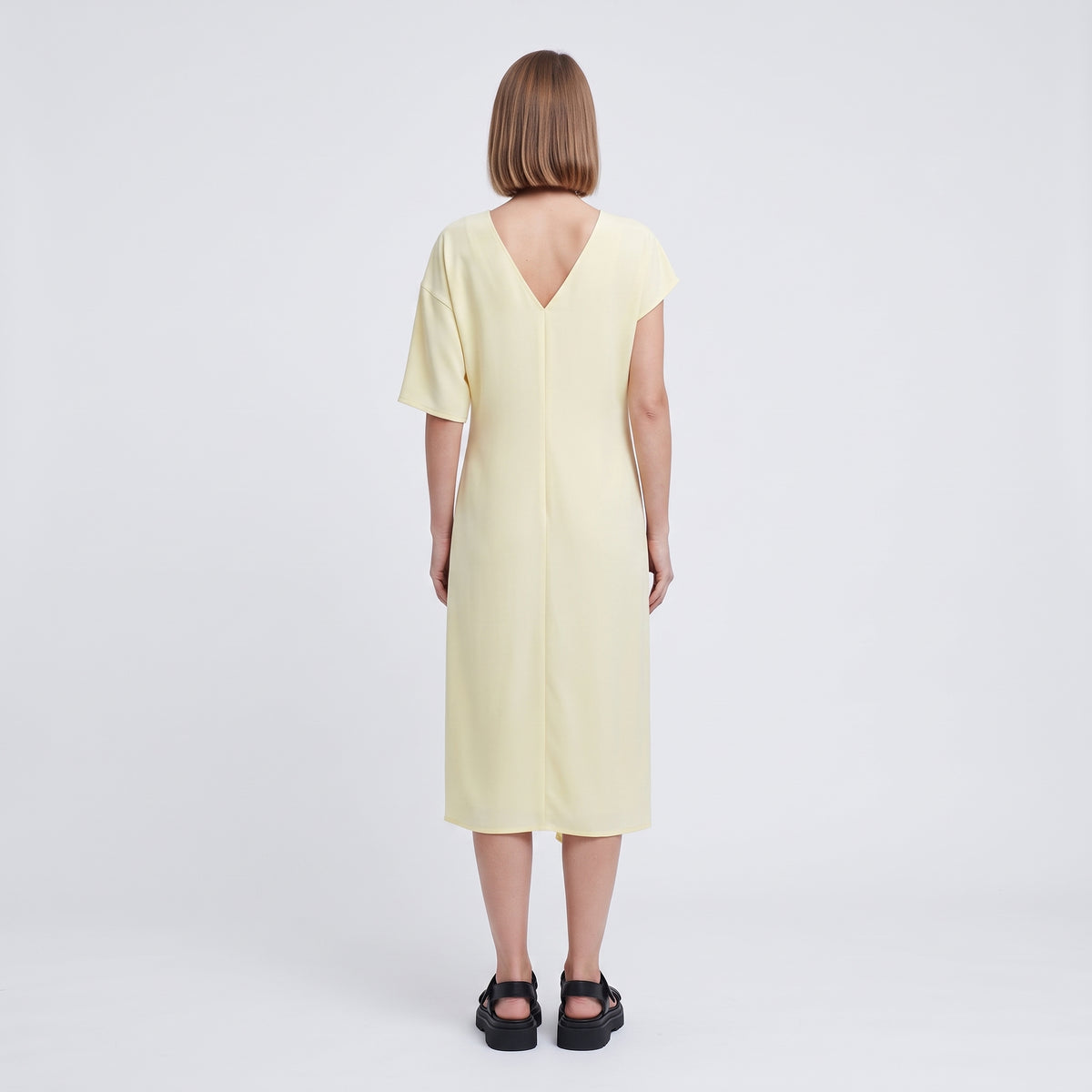 PLAN C Asymmetric Ivory Draped Midi Dress - view 5