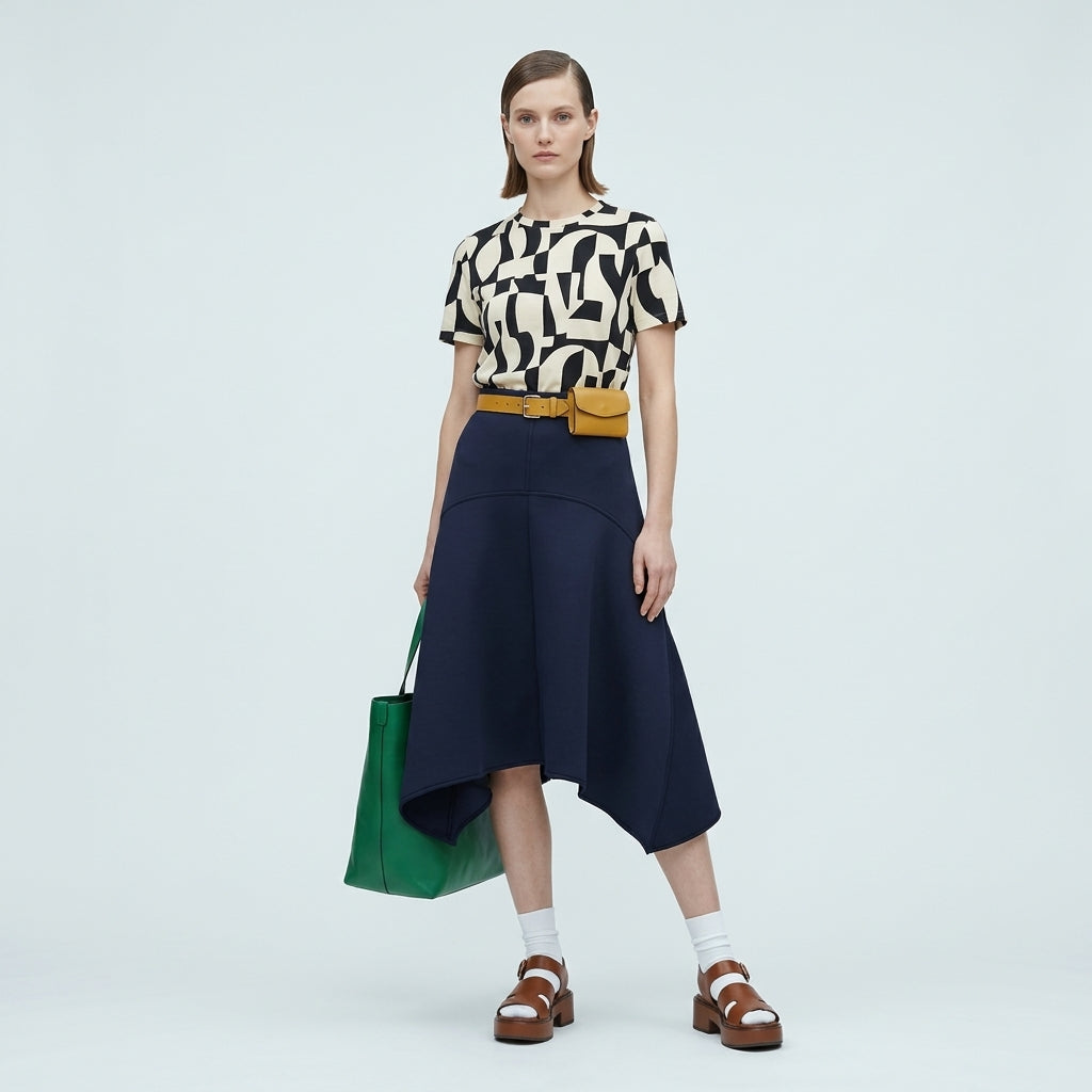 PLAN C Structured Navy Flared Midi Skirt - view 2