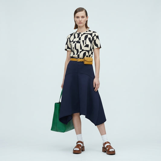 PLAN C Structured Navy Flared Midi Skirt - view 2