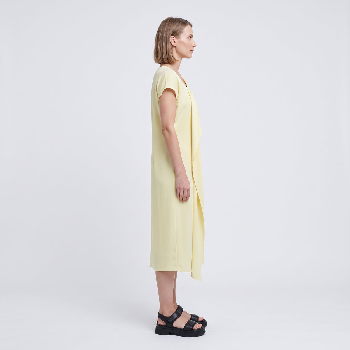 PLAN C Asymmetric Ivory Draped Midi Dress - view 4