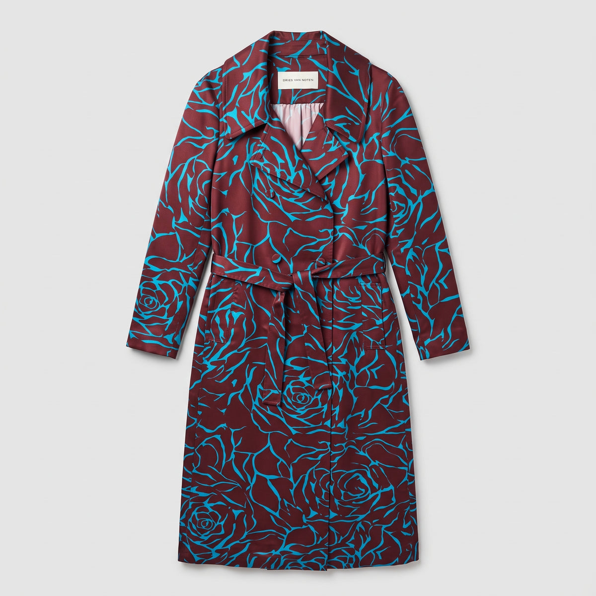 Burgundy Floral Belted Trench Coat