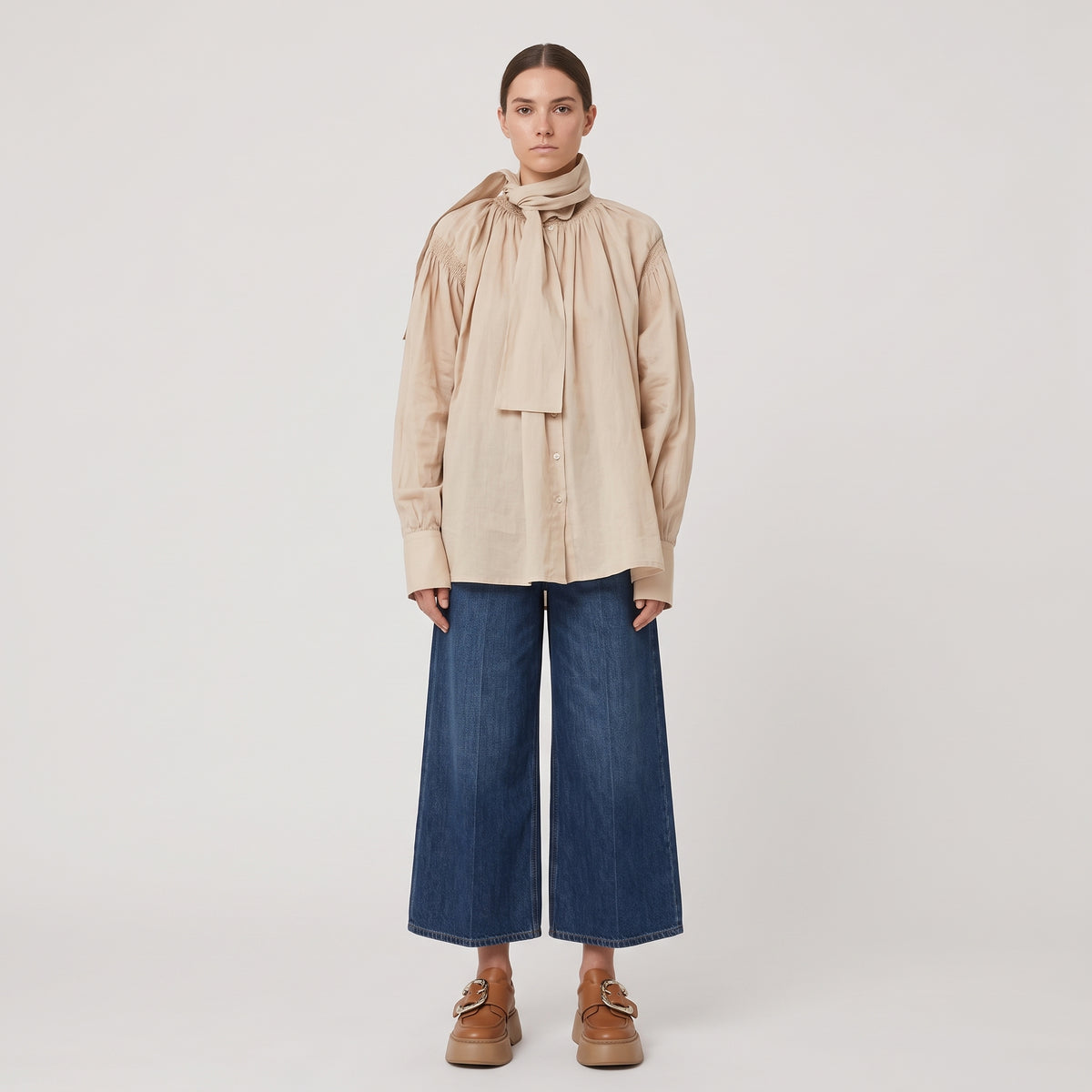 Smocked Tie-Neck Cotton Blouse