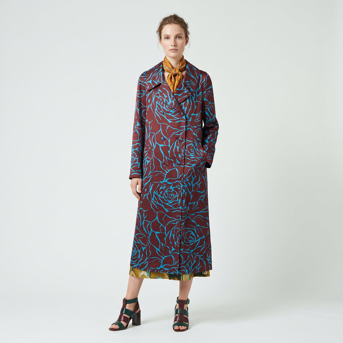 Burgundy Floral Belted Trench Coat