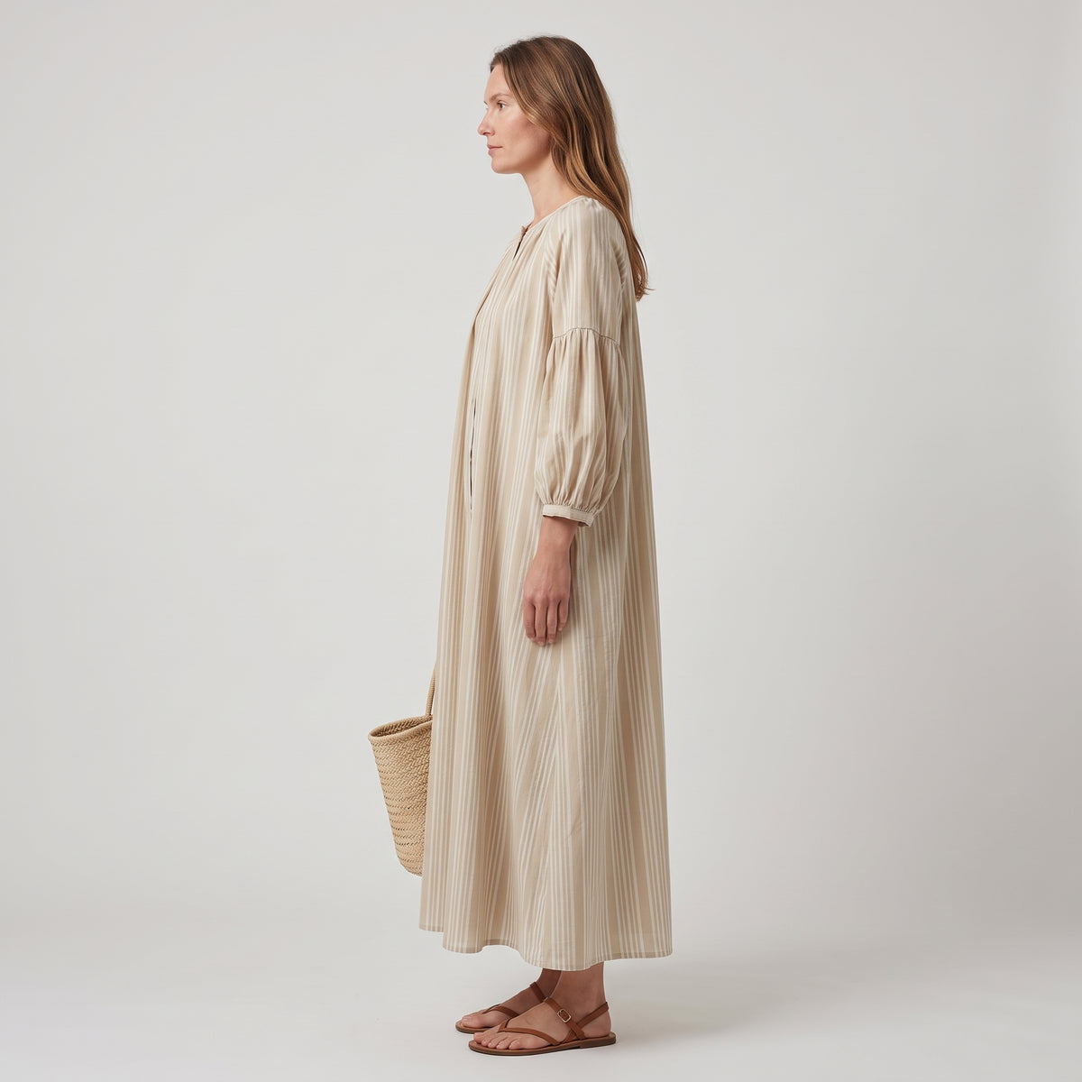 Striped Gathered Cotton Midi Dress