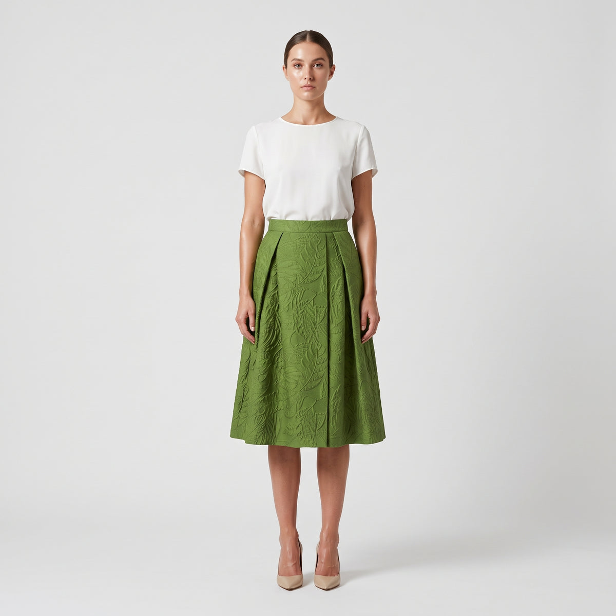 Textured Leaf Print Midi Skirt