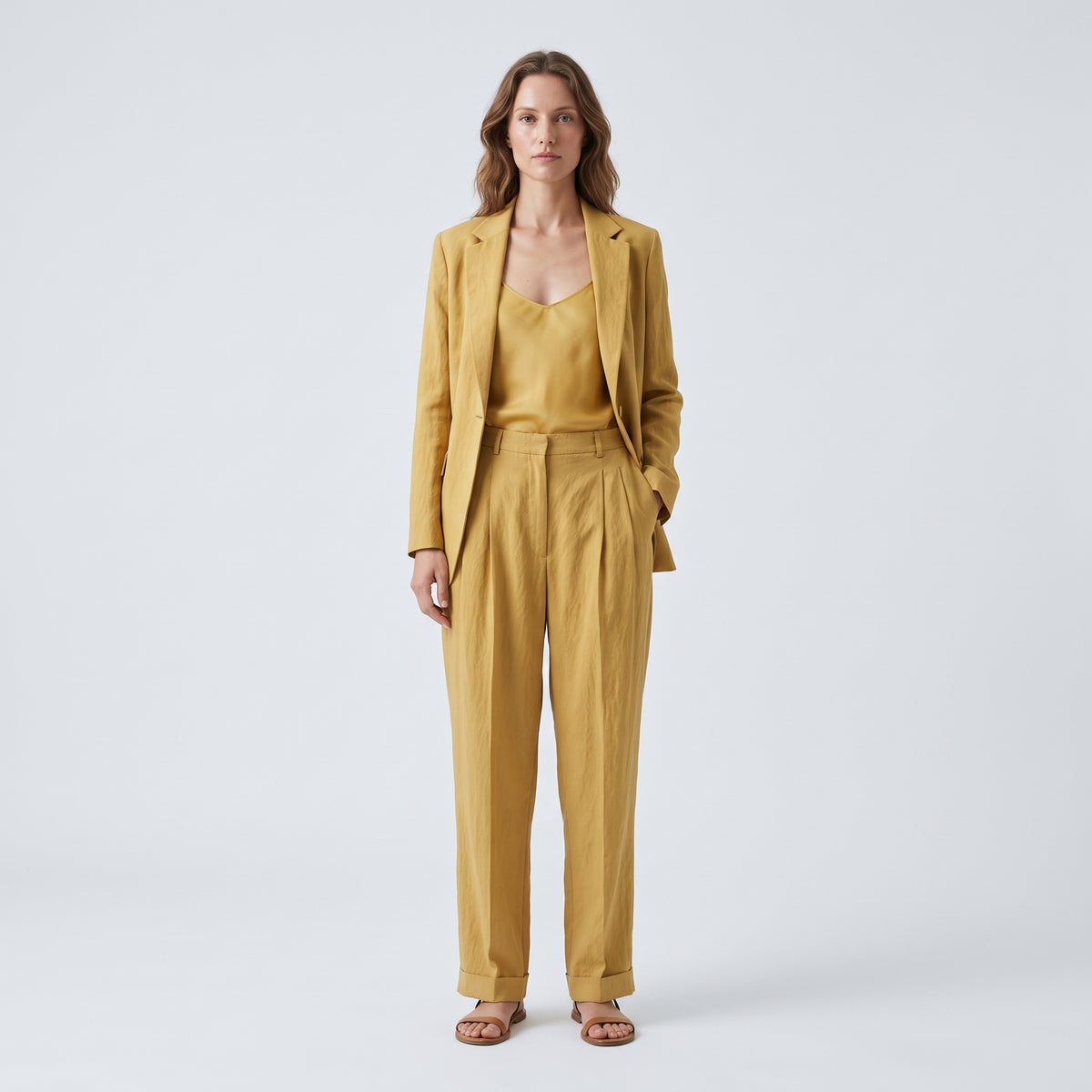 Gold Pleated High-Waisted Trousers