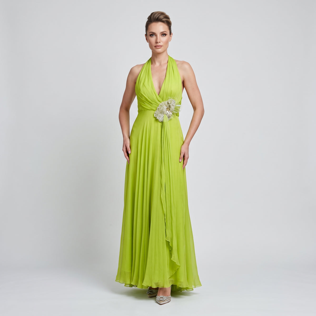 Neon Green Pleated Halter Gown