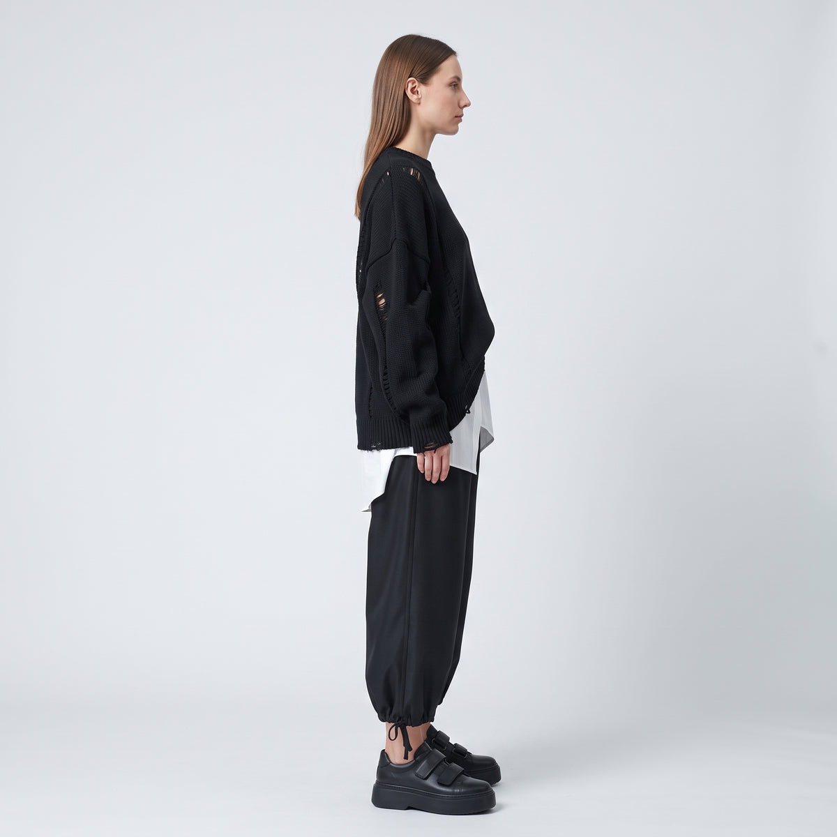 Black Adjustable Hem Wide Trousers