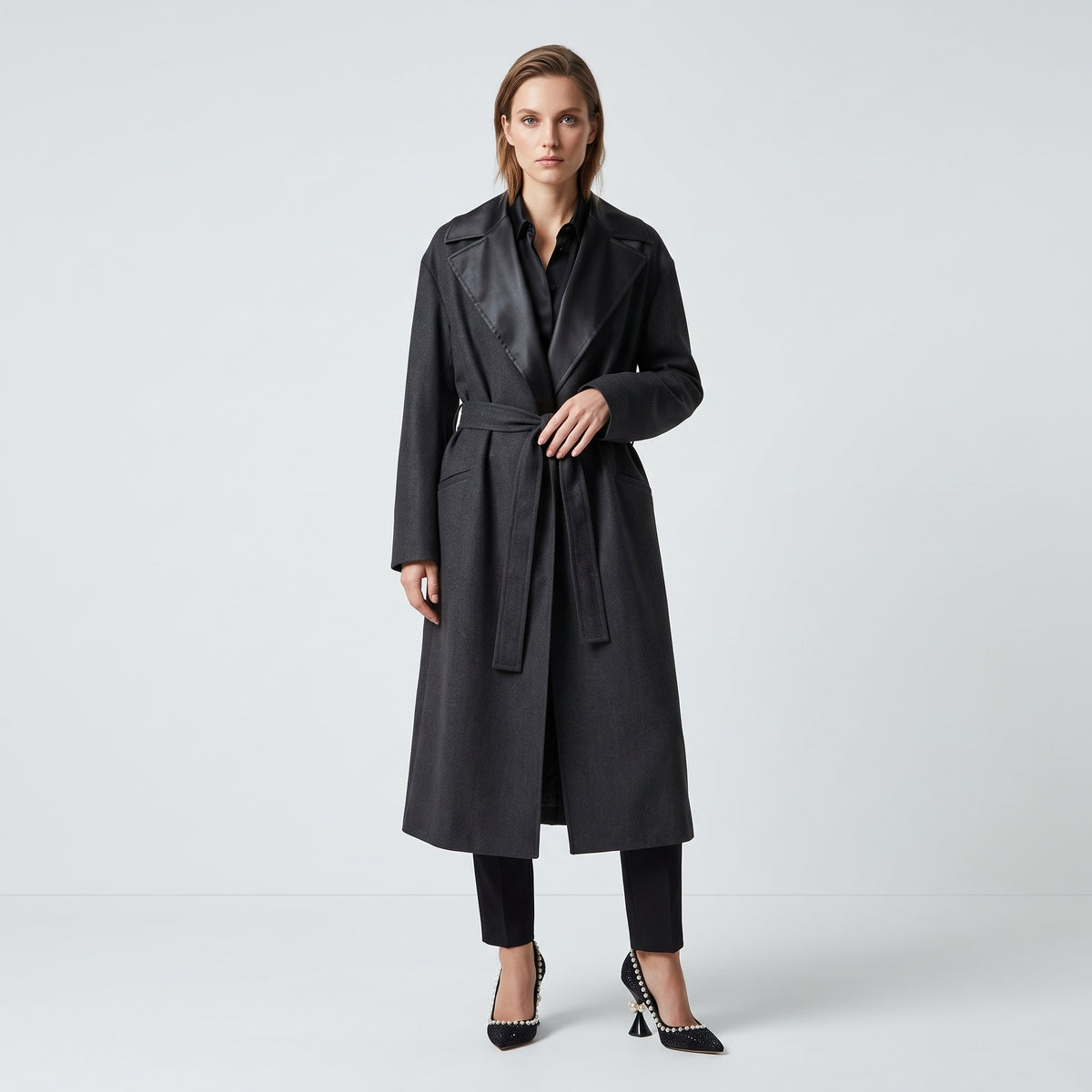 Satin Lapel Belted Wool Coat
