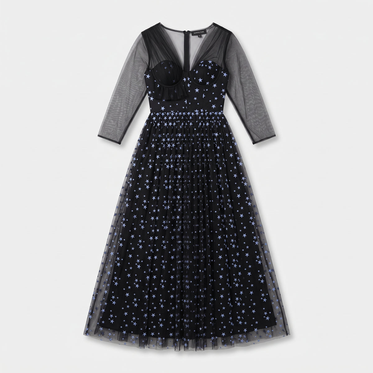 SOPHIA KAH Star Embroidered Tulle Midi Dress