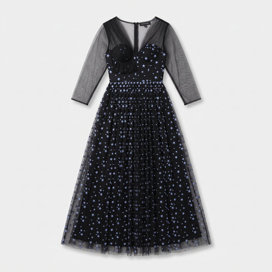 SOPHIA KAH Star Embroidered Tulle Midi Dress