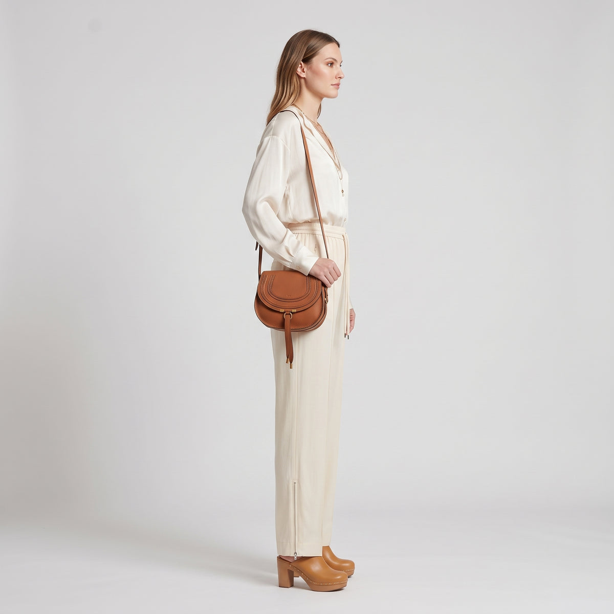 Beige Wide Leg Drawstring Trousers