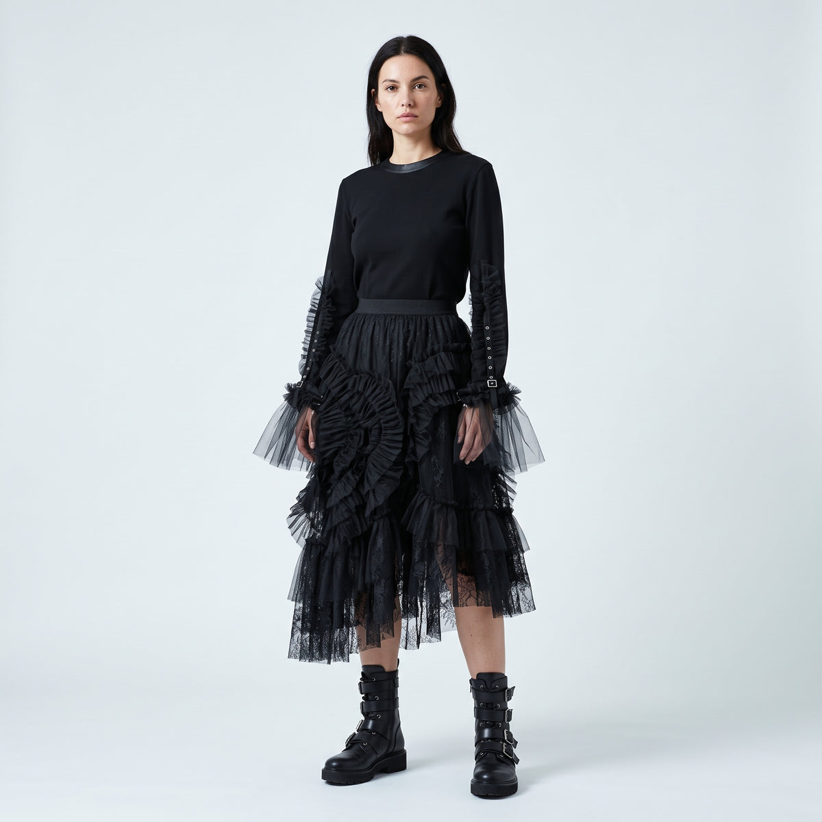 Buckled Tulle Sleeve Blouse