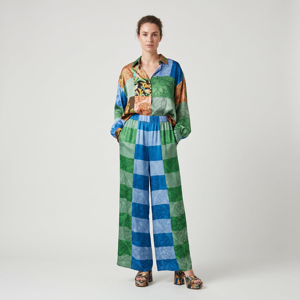 Patterned Wide Leg Silk Trousers