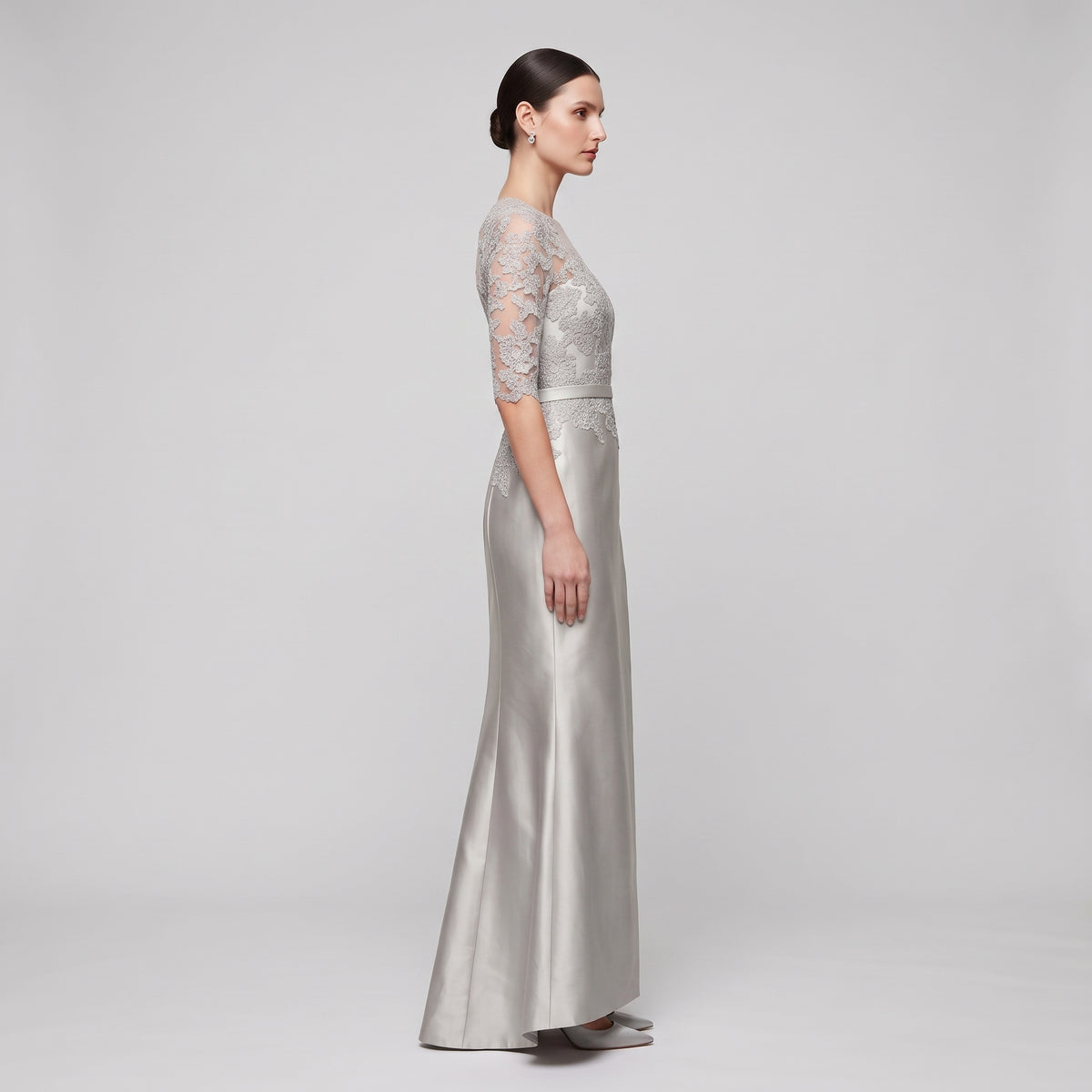 REEM ACRA Silver Lace Appliqué Evening Gown - view 4