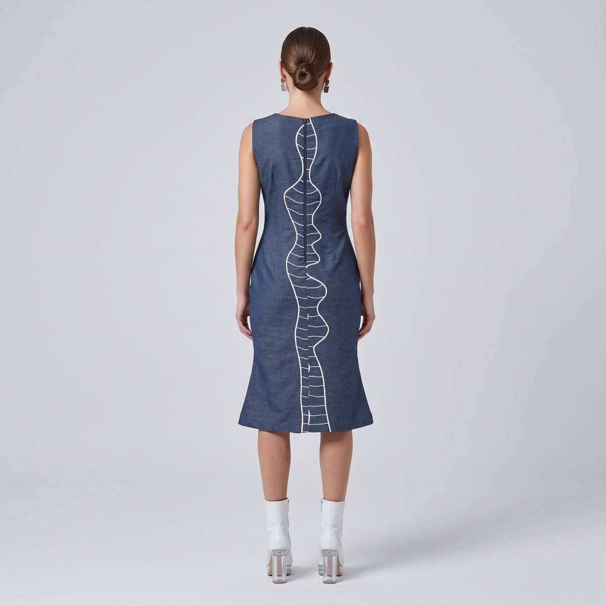 WUMAN Navy Embroidered Flounce Hem Dress - view 5