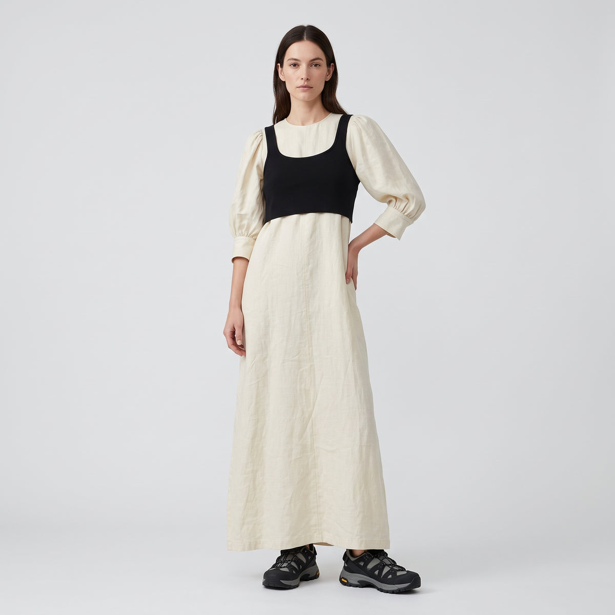 Oatmeal Puff Sleeve Midi Dress