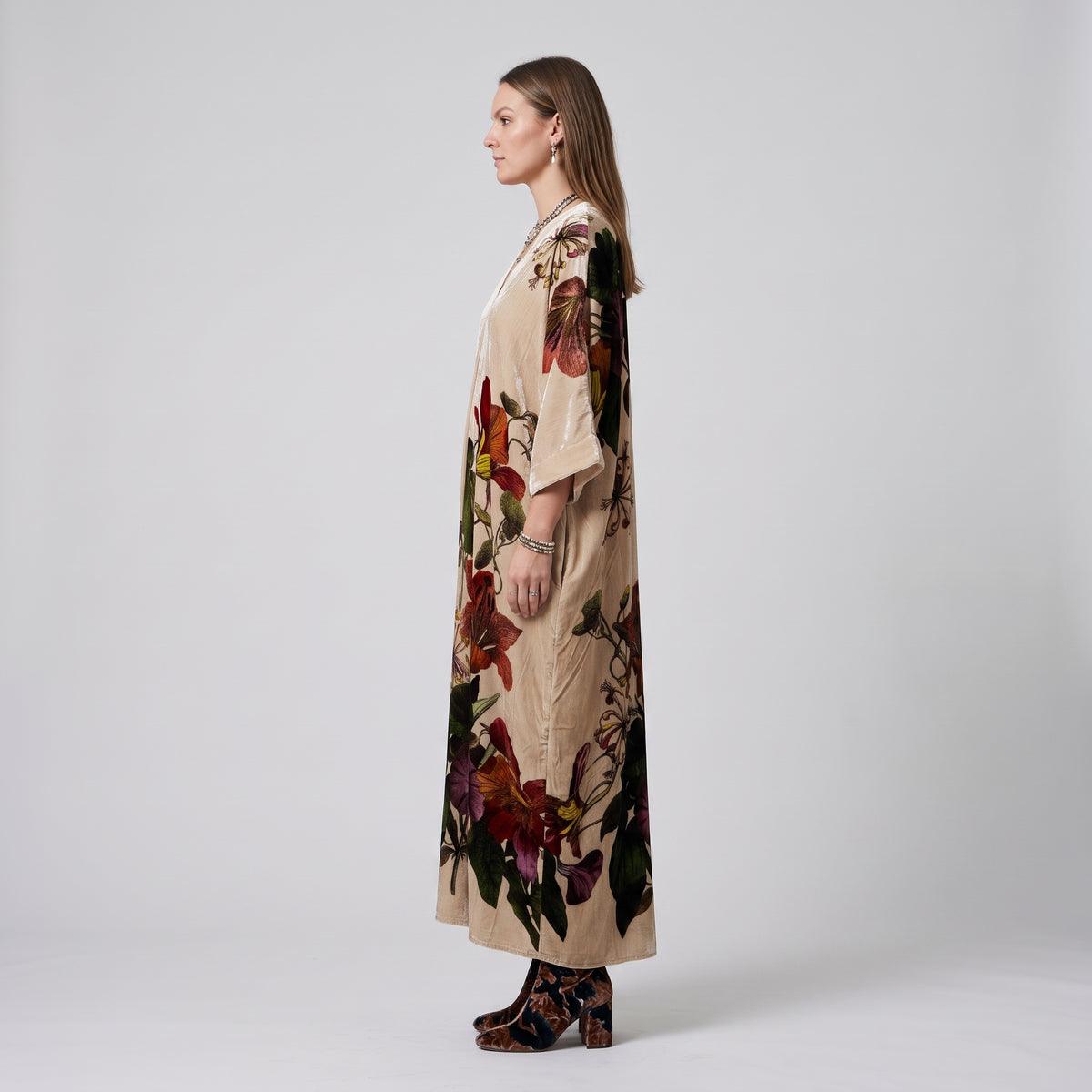 Floral Velvet V-Neck Kaftan Dress