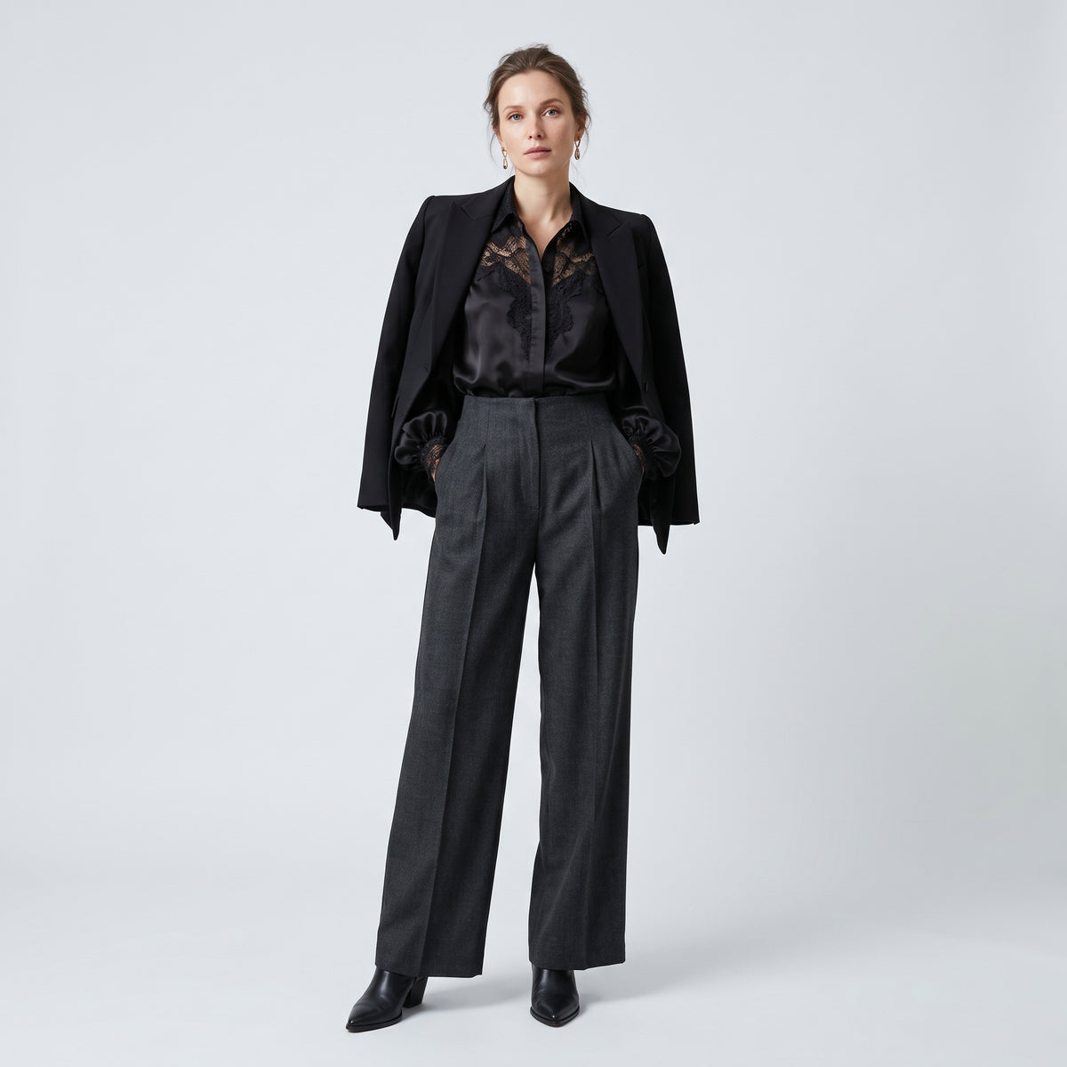 Pleated Grey Wide-Leg Trousers