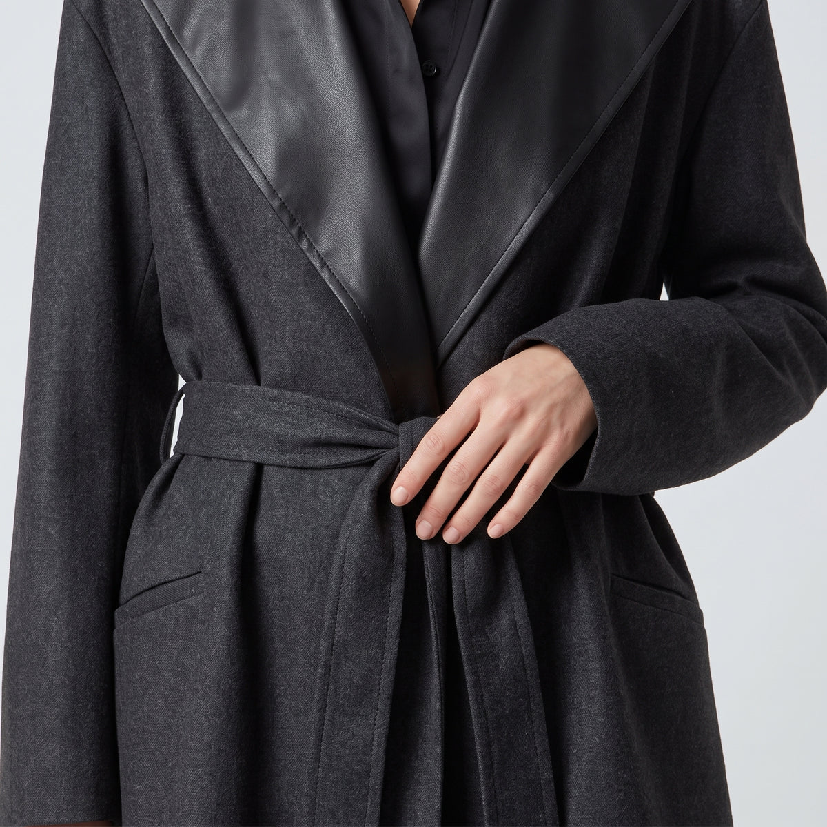 Satin Lapel Belted Wool Coat