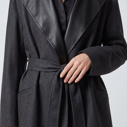 Satin Lapel Belted Wool Coat