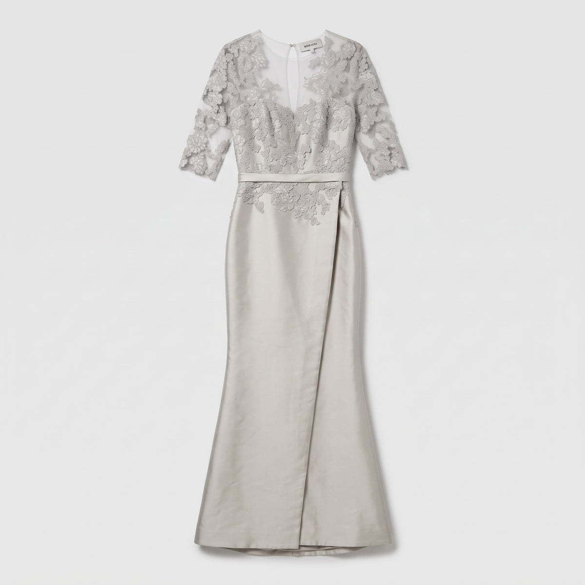 REEM ACRA Silver Lace Appliqué Evening Gown