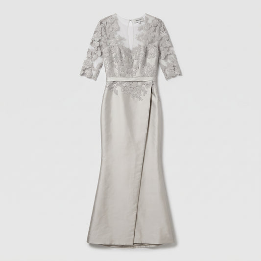 REEM ACRA Silver Lace Appliqué Evening Gown