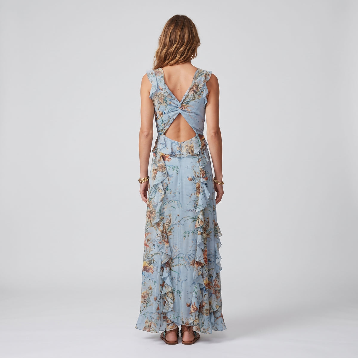 Blue Floral Ruffle Maxi Dress