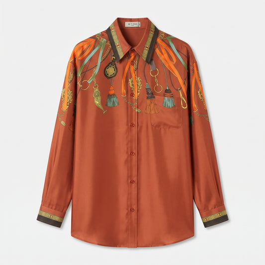 Orange Silk Tassel Print Shirt