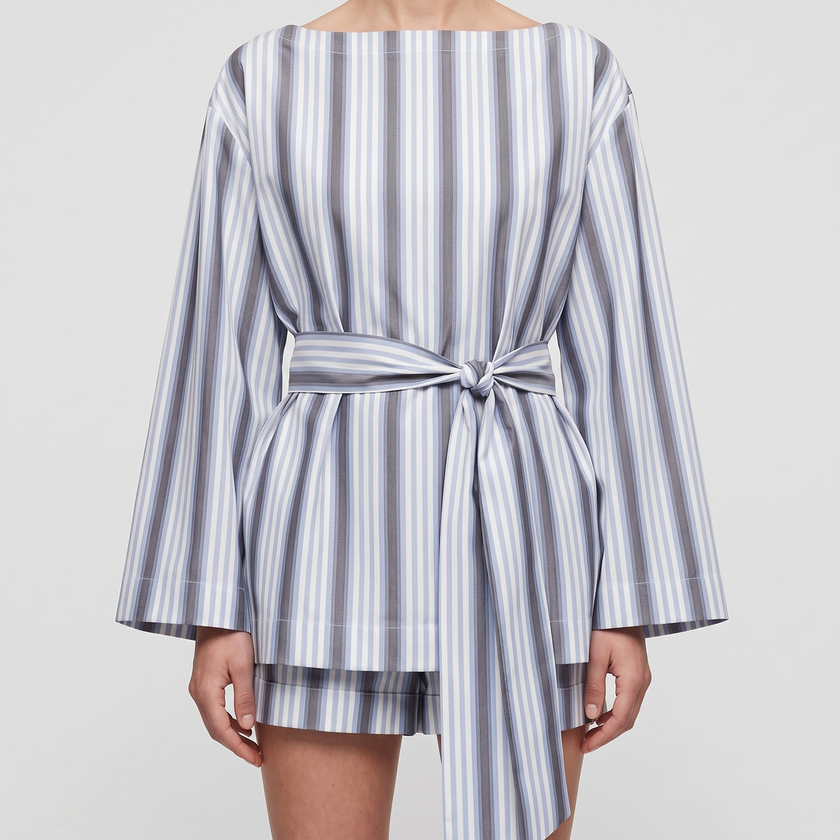 Striped Boat Neck Tie-Waist Blouse