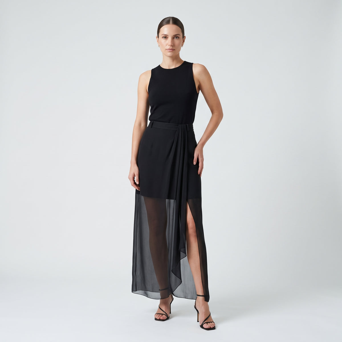 Draped Sheer Overlay Maxi Skirt