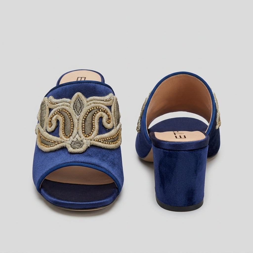 Velvet Embroidered Block Heel Sandals