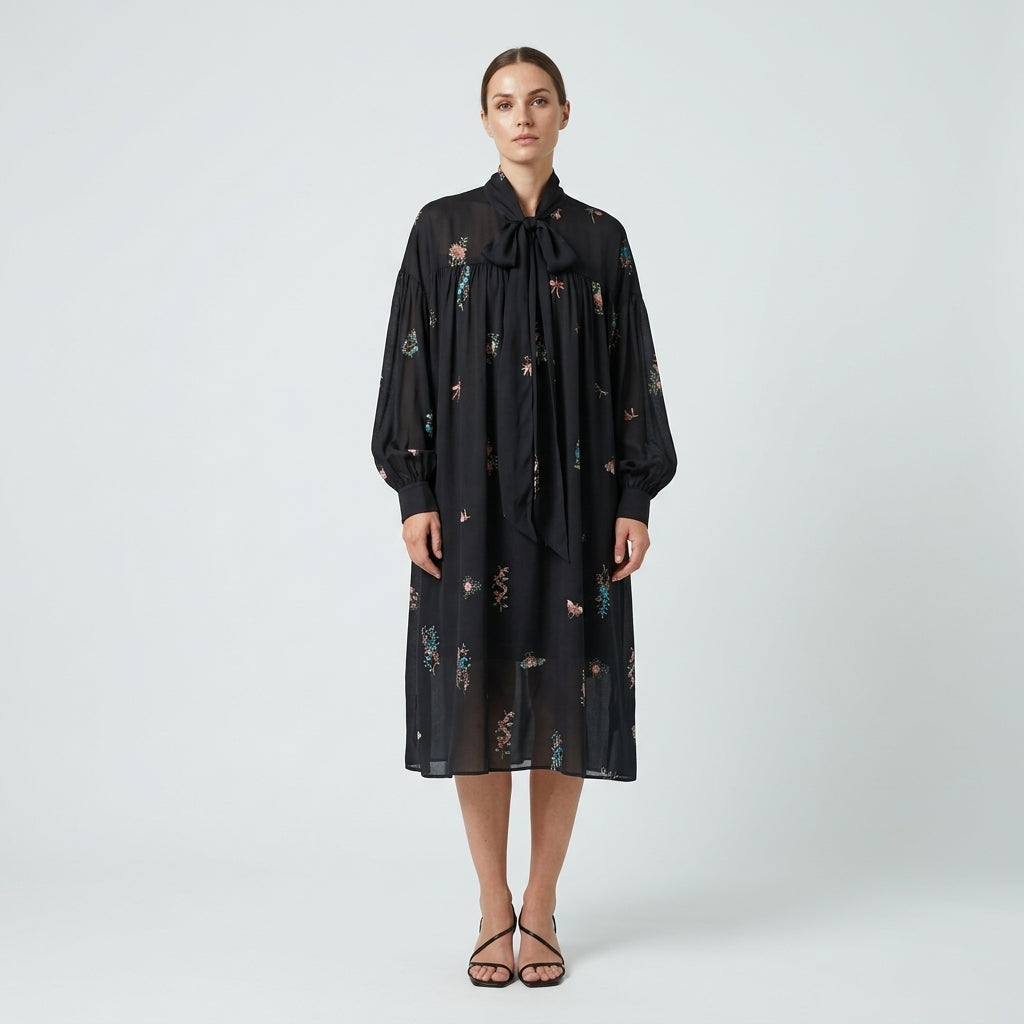 Floral Printed Duchess Silk Dress