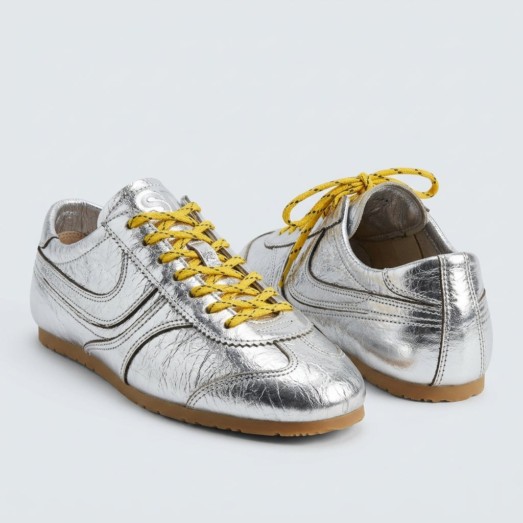 Metallic Silver Leather Sneakers