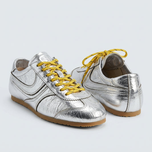 Metallic Silver Leather Sneakers