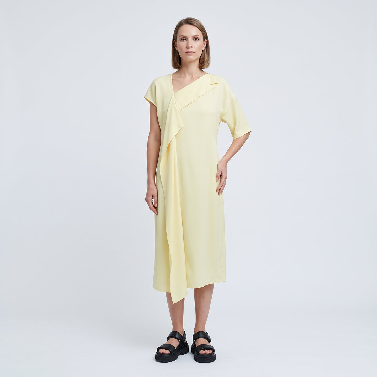 PLAN C Asymmetric Ivory Draped Midi Dress - view 3