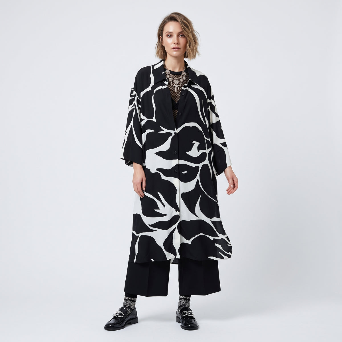 Monochrome Leaf Print Shirt Dress