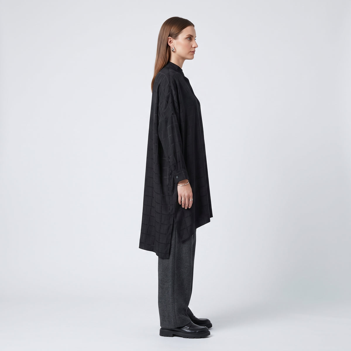 ESKANDAR Grid Textured Mandarin Collar Shirt - view 4