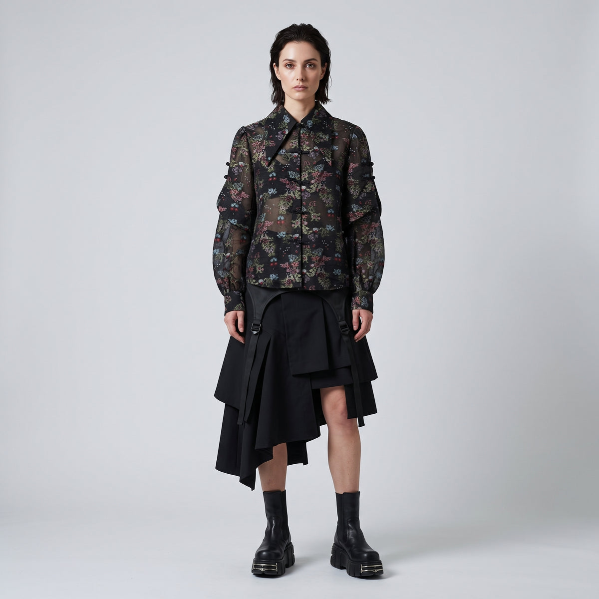 Sheer Floral Toggle Blouse