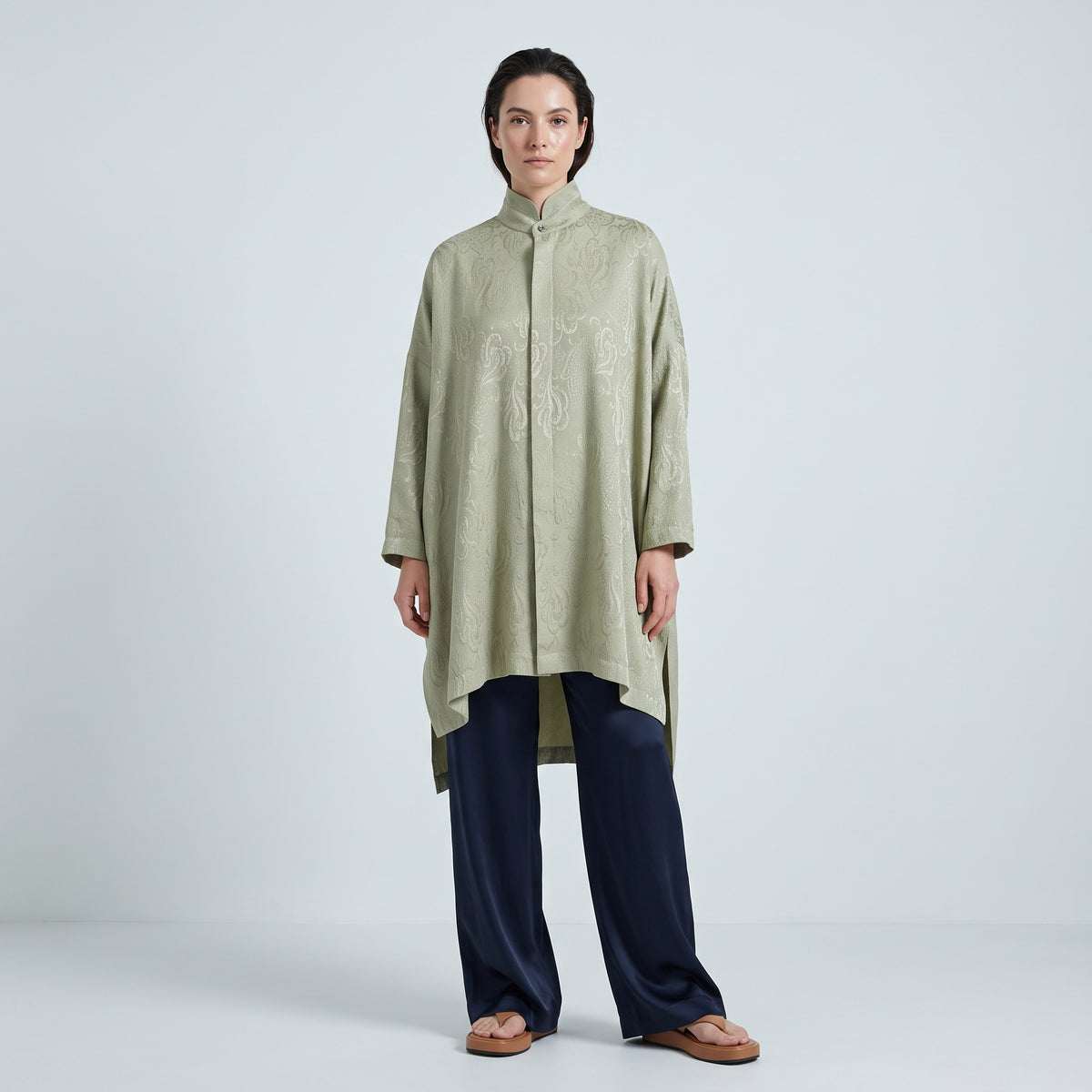 Pistachio Jacquard Mandarin Collar Shirt