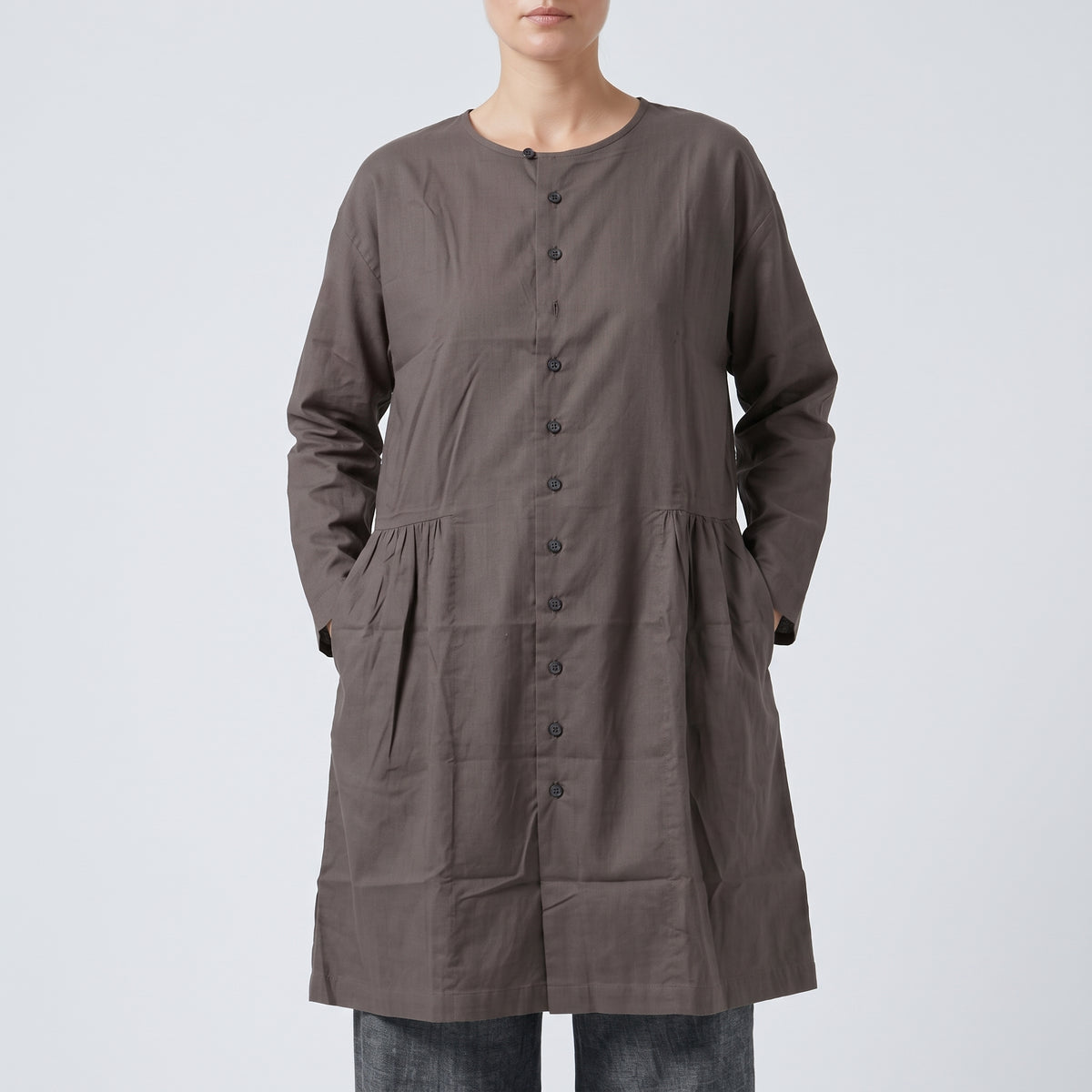 ESKANDAR Brown Collarless Long Tunic Shirt - view 2