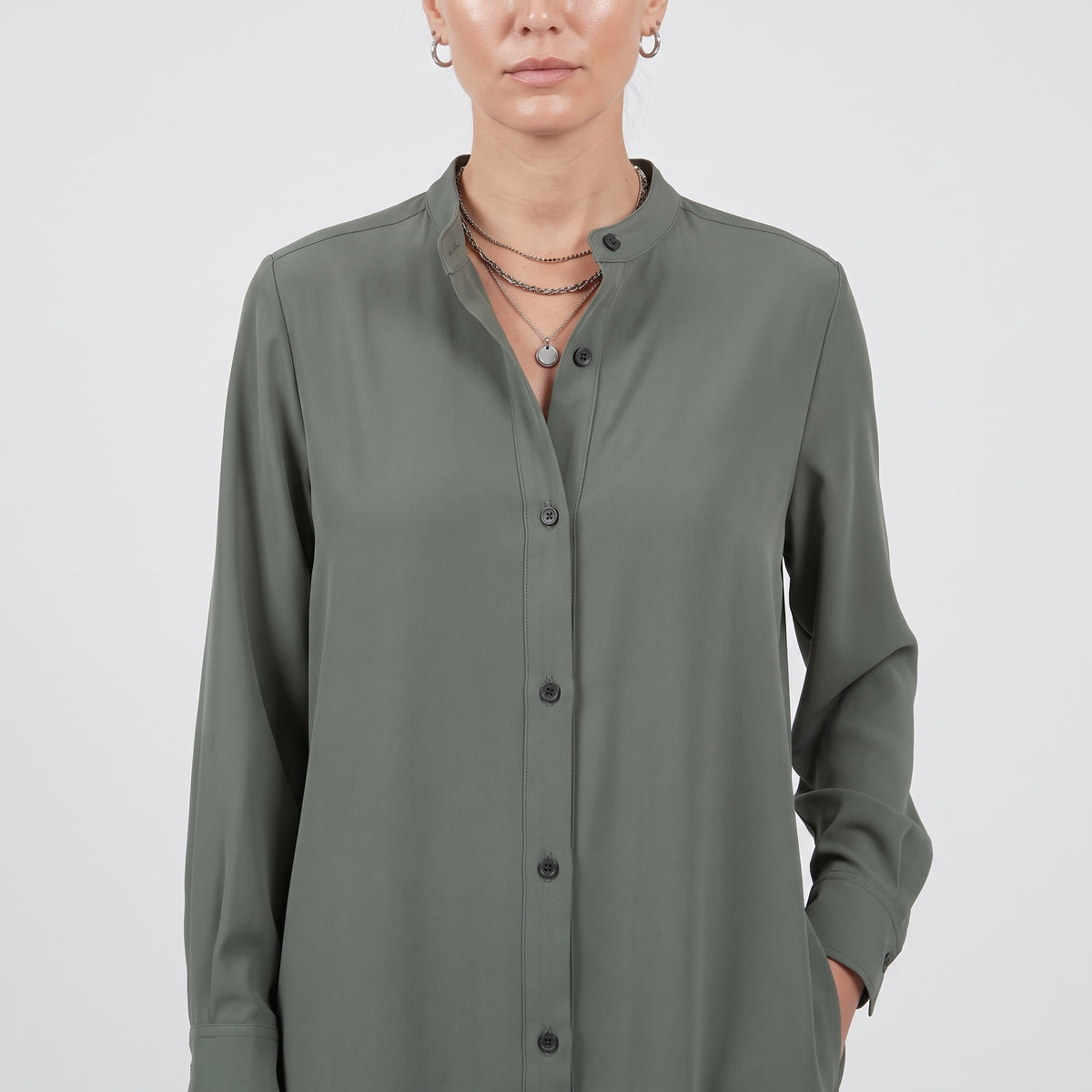 Band Collar Midi Shirt Dress