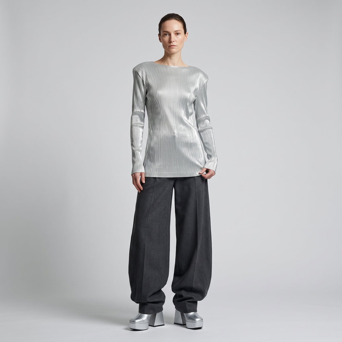 ACT N1 Silver Metallic Pleated Top - view 3